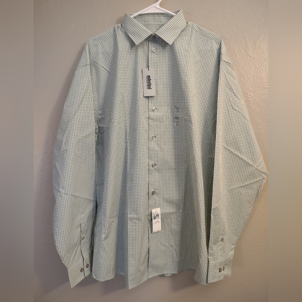 Kenneth Cole Unlisted Men's Dress Shirt Regular Fit Green White Check Pattern.